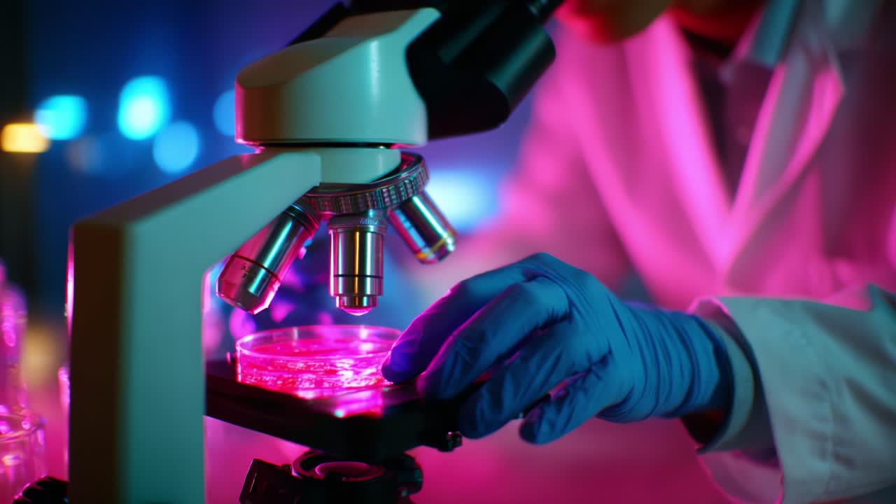 A focused scientist explores the microscopic world through a high-tech microscope, illuminating vibrant samples in a laboratory setting. The intriguing colors enhance the depth of scientific study and discovery