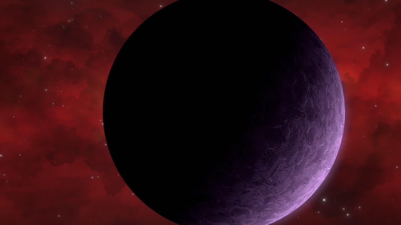 CGI close up of rocky purple alien planet zooming towards camera with a red nebula cloud in the background, deep space, wide view