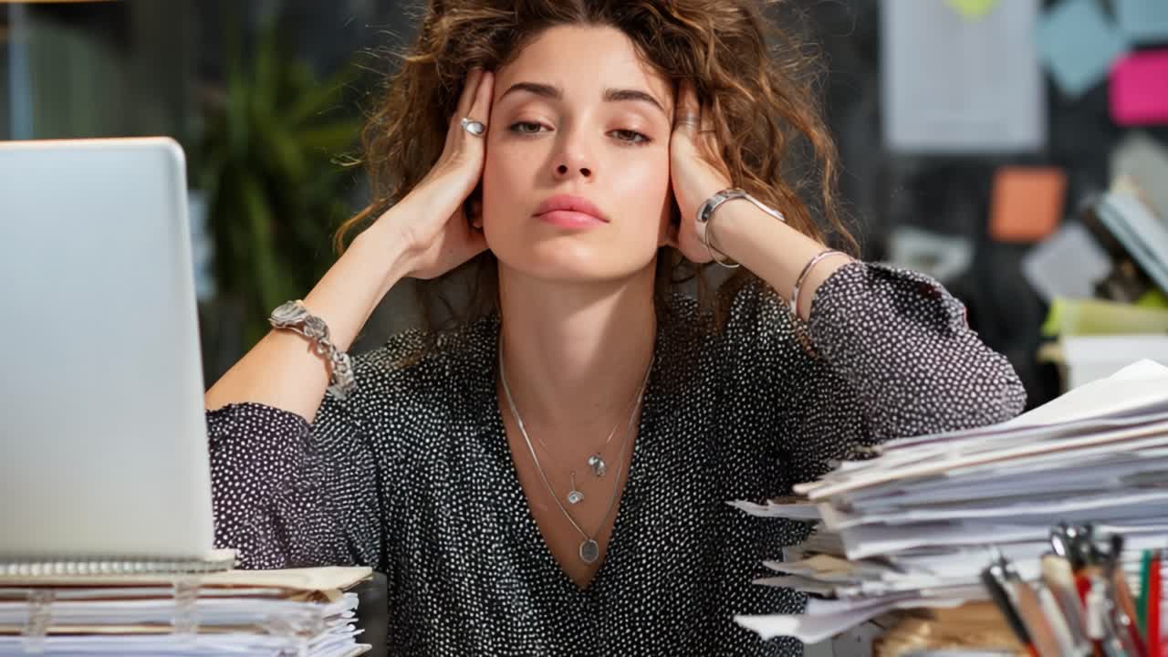 A Young Woman Shows Signs of Stress and Overwhelm at Work Surrounded by Papers as She Struggles to Focus and Find Solutions to Challenges She Faces