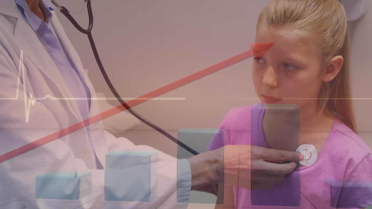 procesamiento de datos estadísticos y médicos sobre una mujer caucásica examinando a una niña en el hospital