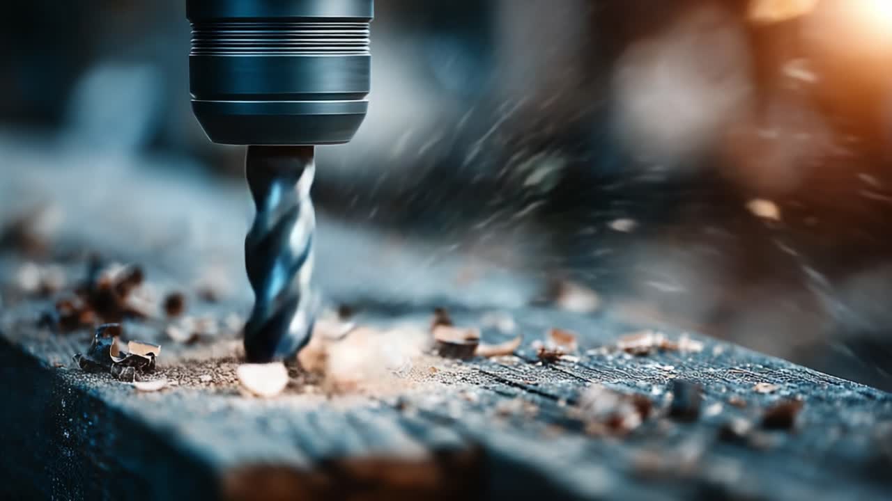 Primo Piano Dinamico di una Punta da Trapano in Azione: Catturando il Legno che si Scheggia e i Trucioli Volanti in un Ambiente di Lavorazione del Legno con un'Enfasi sulla Precisione e il Dettaglio