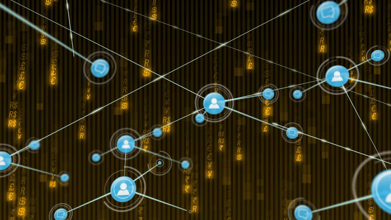 Animation of network of digital icons and light trails falling against black background