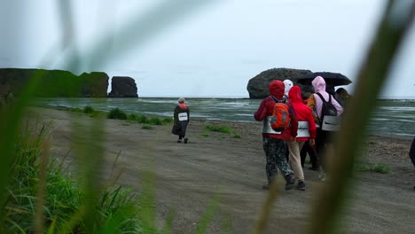 people walking on a beach in cloudy weather