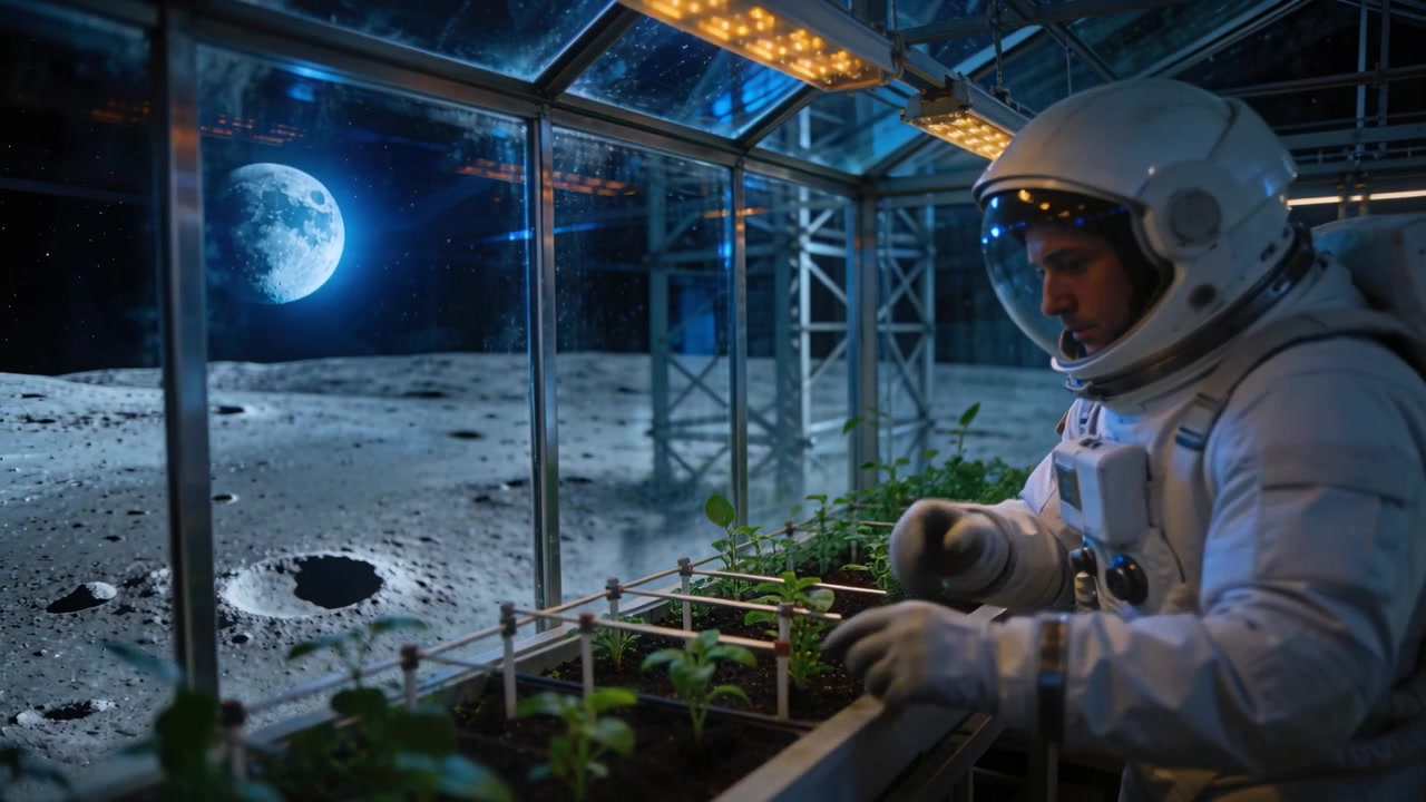 Astronaut v obleku kontrolující rozestupy sazenic u žlabu v lunárním dómu s otáčejícími se světly, s místem pro text.