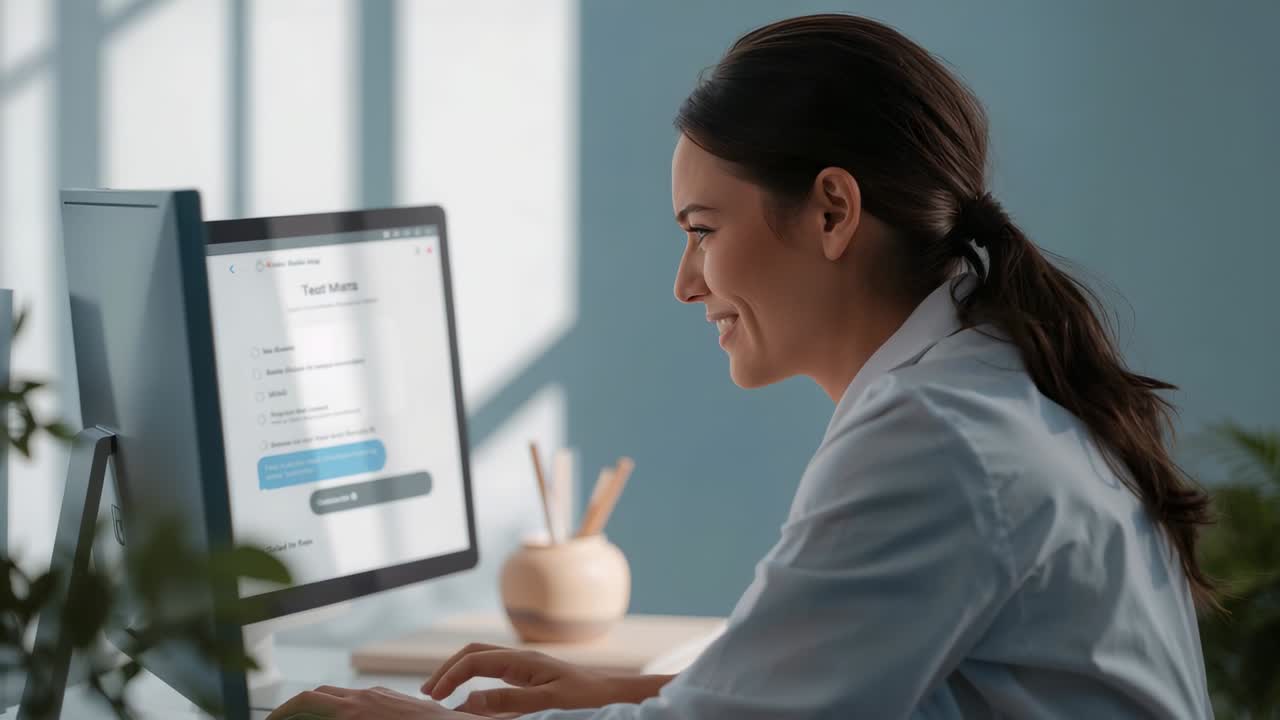 Clínico digitando, usando jaleco branco e preenchendo um formulário exibido no monitor em uma mesa com teclado