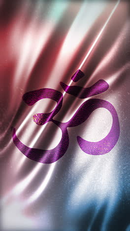 purple om symbol on glossy glitter white background, front view, vertical full frame, elegant silky texture, waving in the wind, movie-like look, realistic 4k cg animation, sleek, seamless loop-able