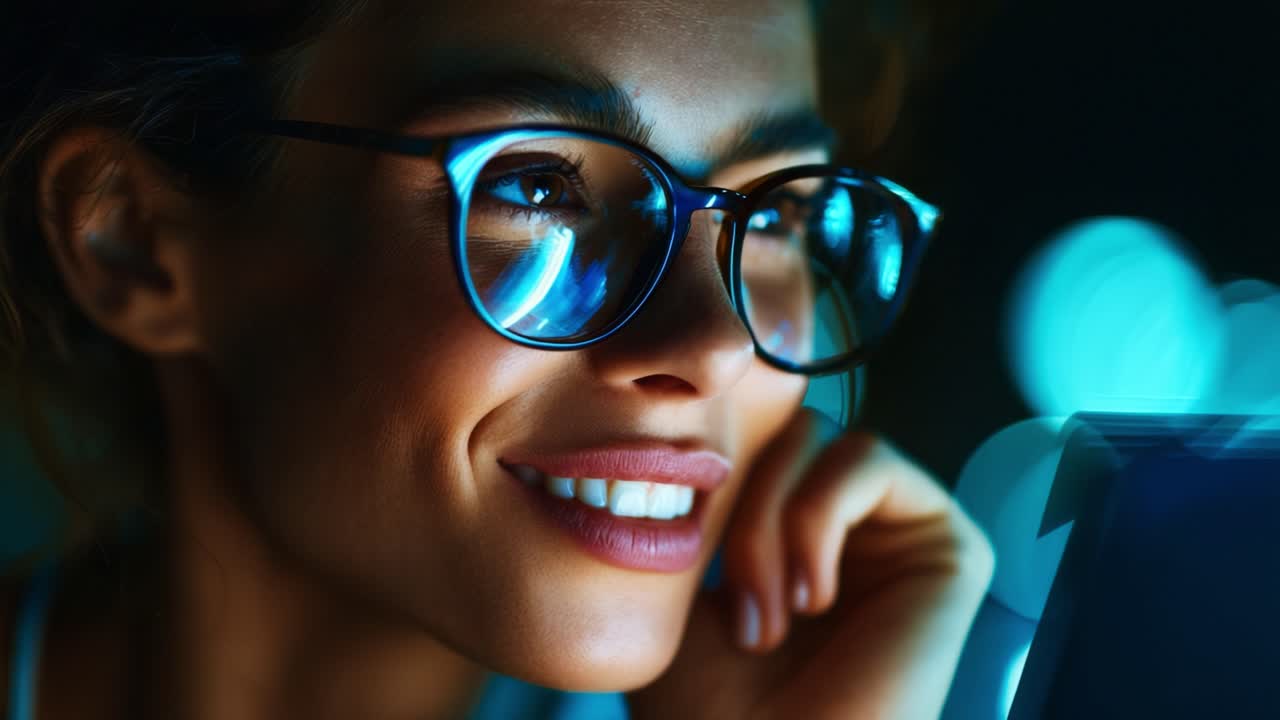 A Close-Up of a Woman with Glasses Illuminated by a Soft Glow, Engaging with a Device, Showcasing a Joyful Expression in a Darkened Environment Filled with Subtle Light Reflections
