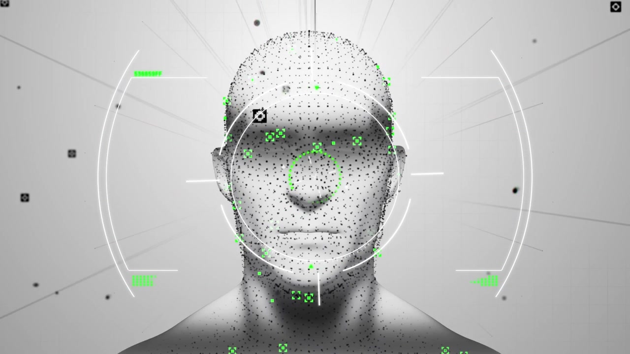 Animation of scope scanning and data processing over digital human head and network of connections