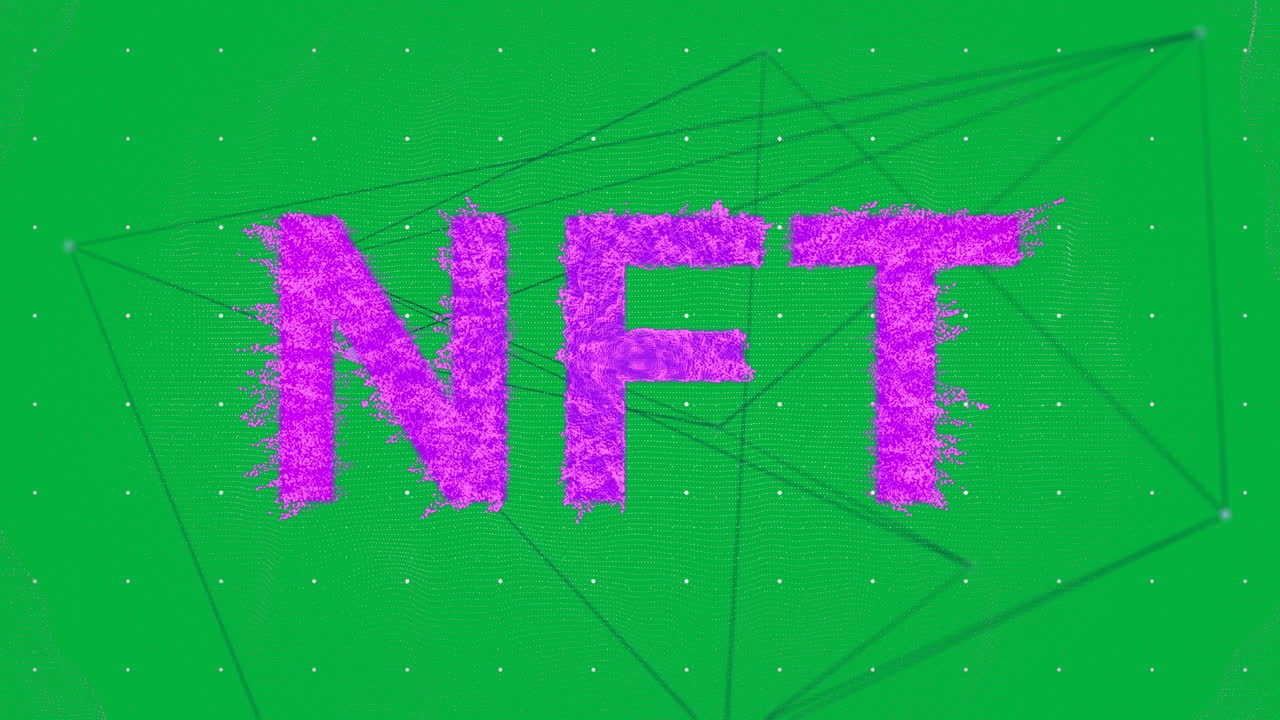 animación de texto rosa de nft a través de la red de conexiones en fondo verde