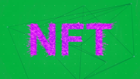 animation of nft pink text over network of connections on green background