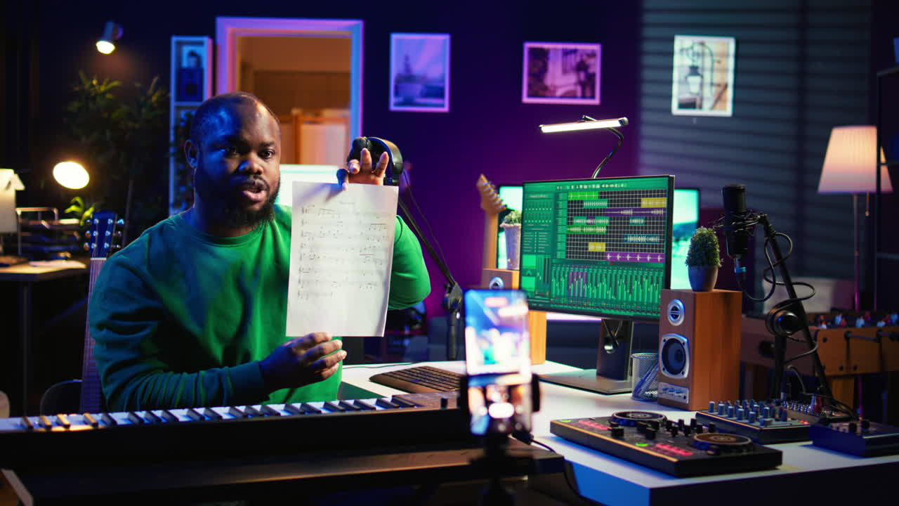 intérprete experto explicando la hoja con notas musicales en tutorial de video en línea