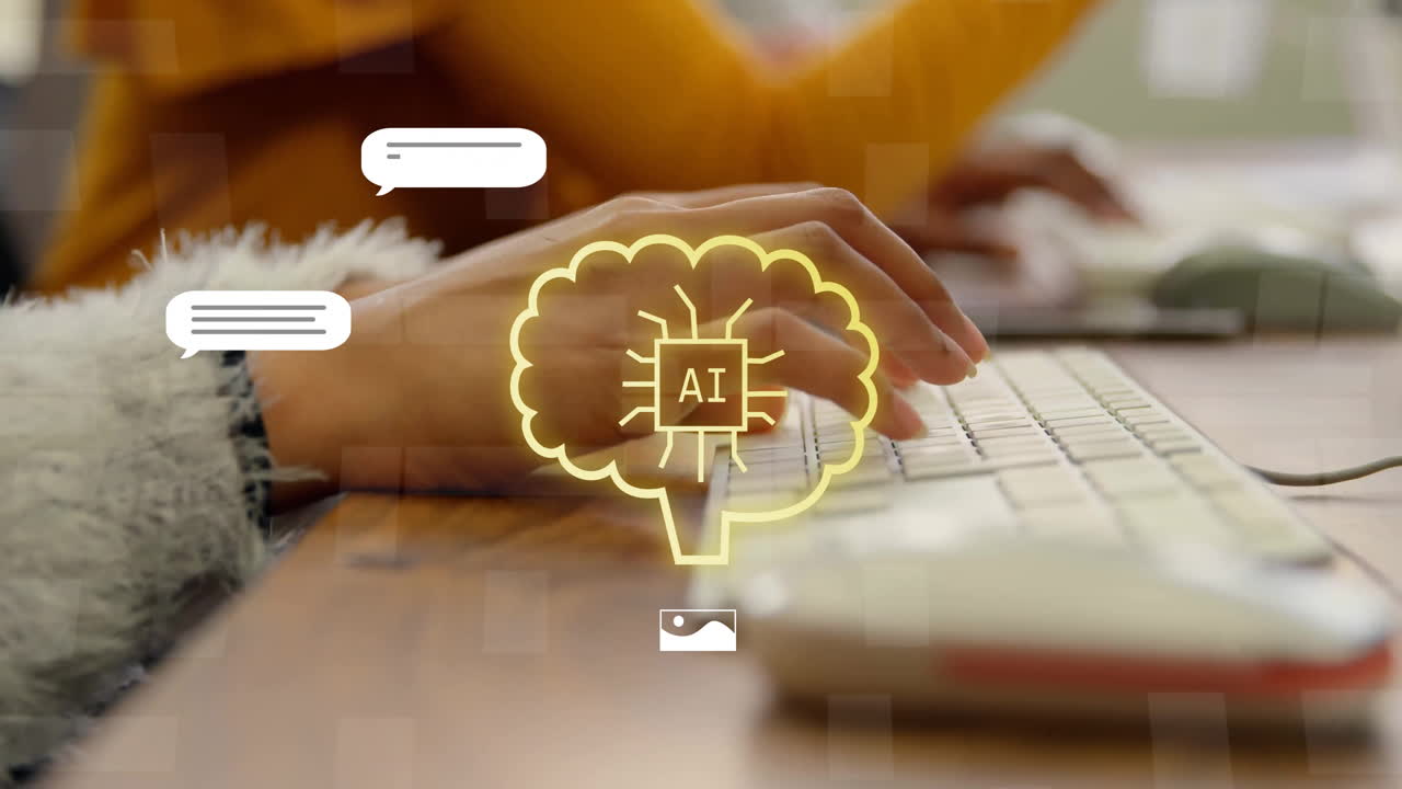 컴퓨터를 이용한 백인 여성에 대한 문자, 뇌 및 데이터 처리의 애니메이션