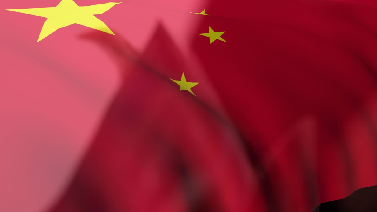 animação de bandeira chinesa a agitar-se sobre notas de euro a cair contra um fundo preto.