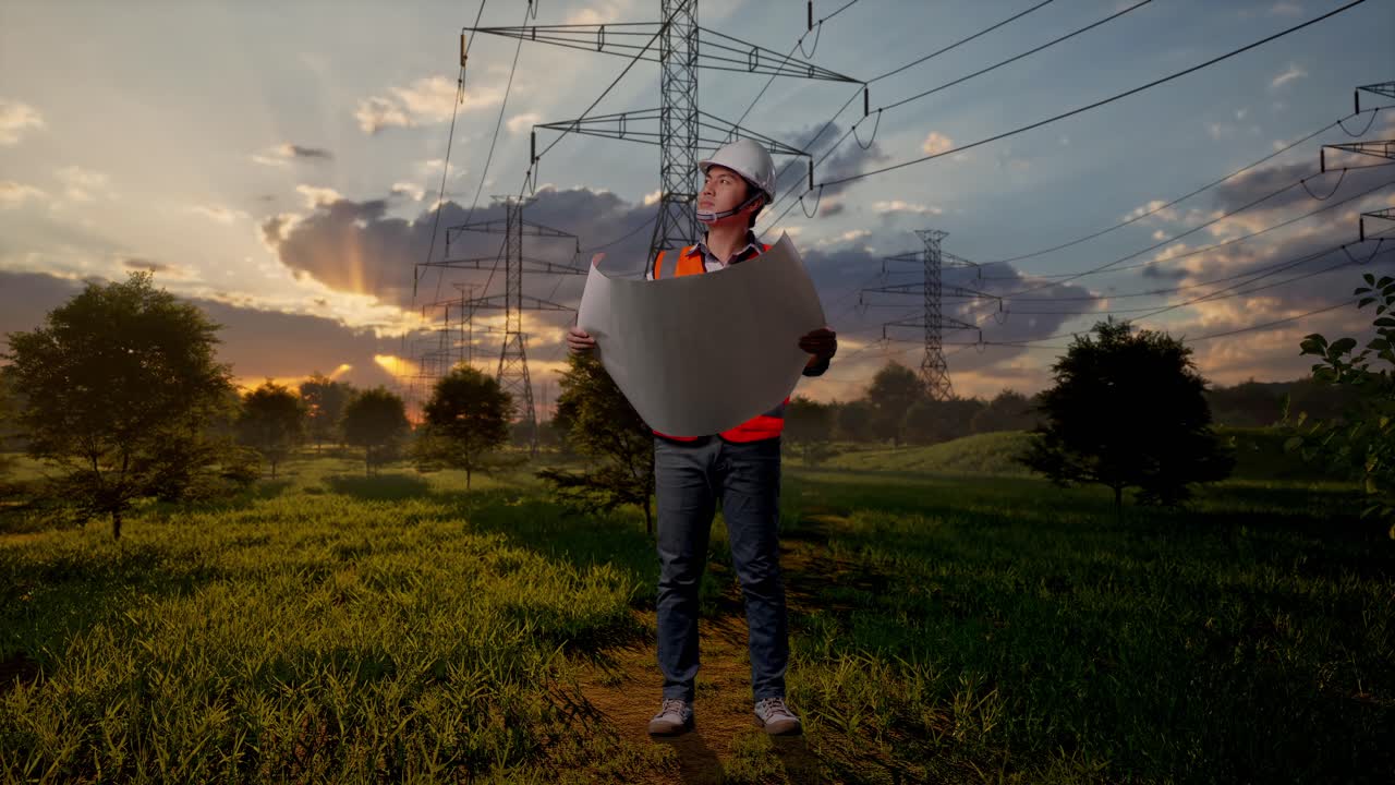 Engineer in Hard Hat and Safety Vest Examining Blueprint Near Power Lines at Sunset