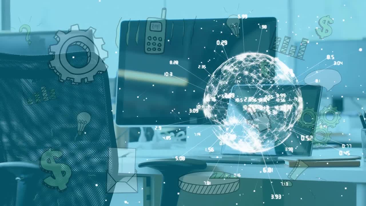 빈 사무실 위에 연결 네트워크와 미디어 아이콘의 애니메이션