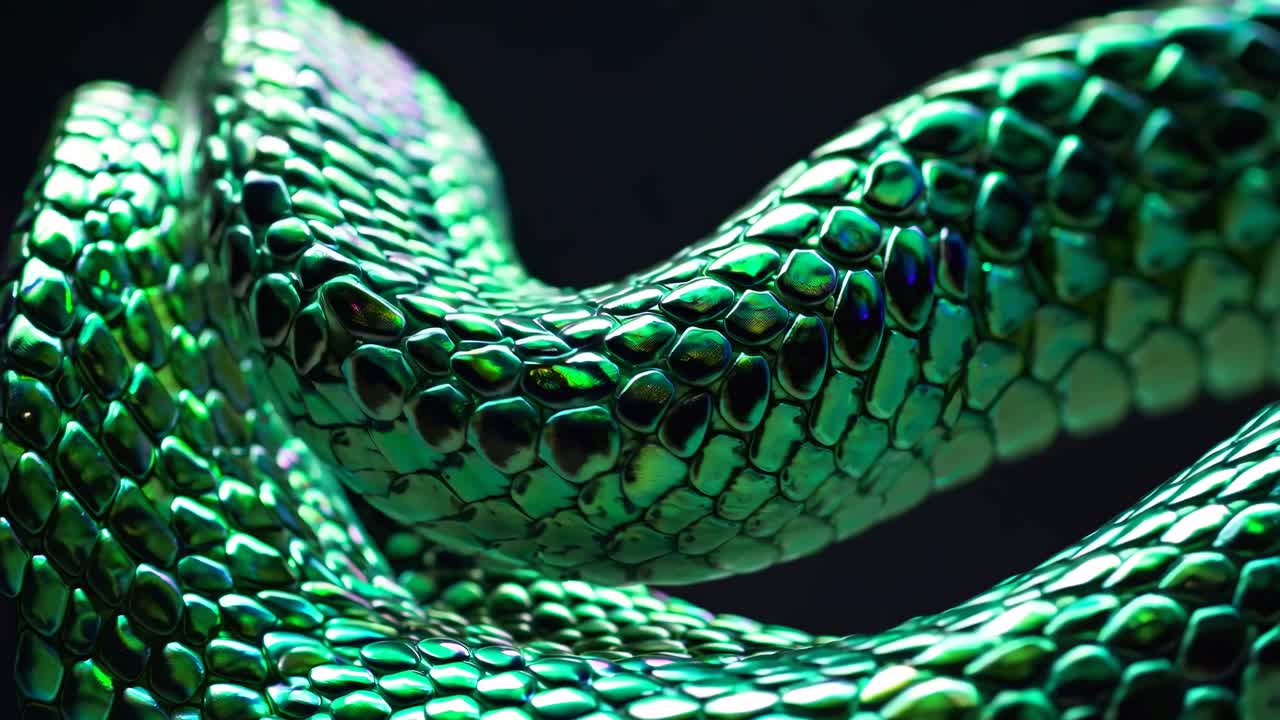Close-up video shot of a vibrant, iridescent snake coiled elegantly
