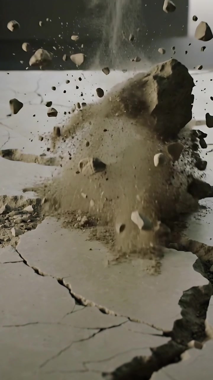 Video verticale: Fessura eruttiva proietta un frammento di lastra di cemento in studio, sollevando una nuvola di polvere.