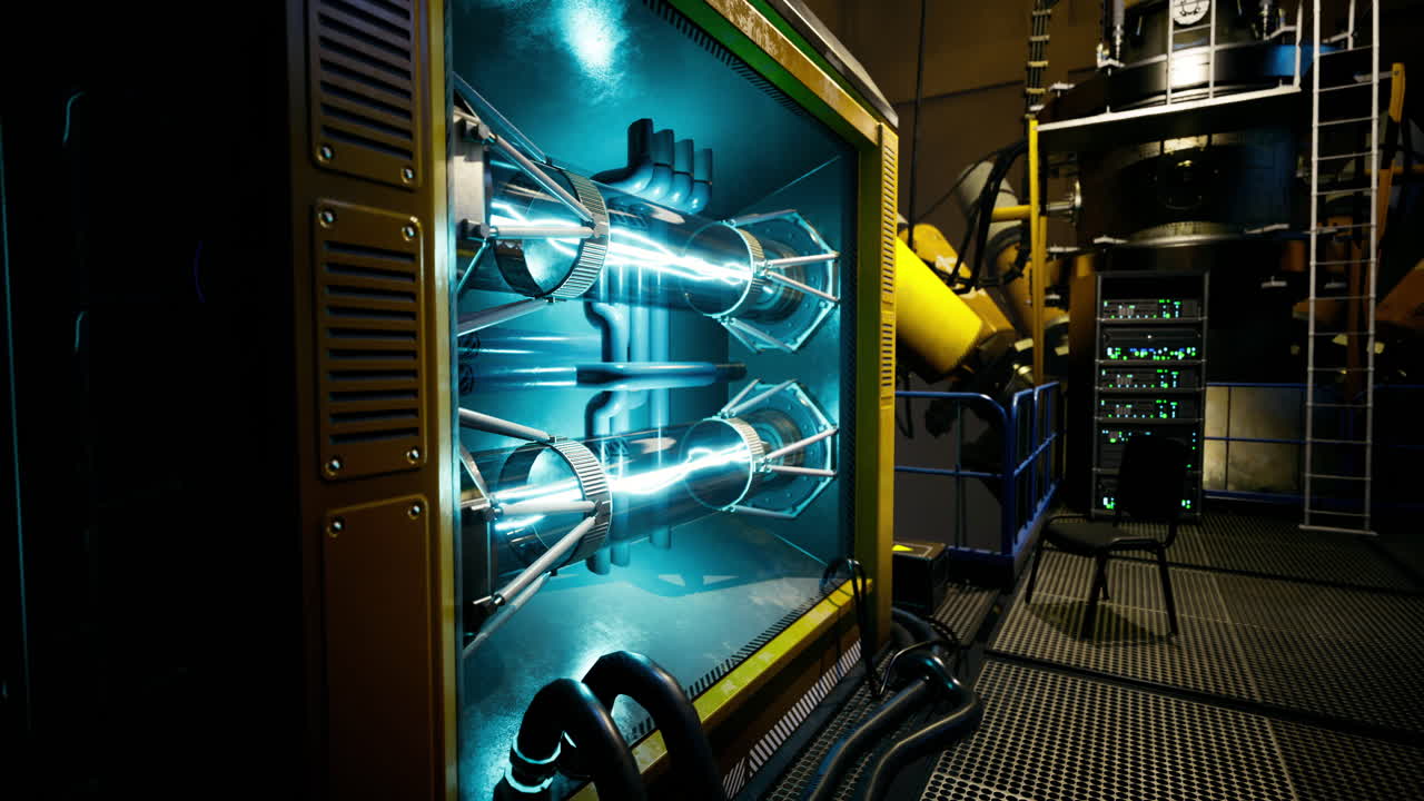 Advanced machinery in a dimly lit futuristic industrial space