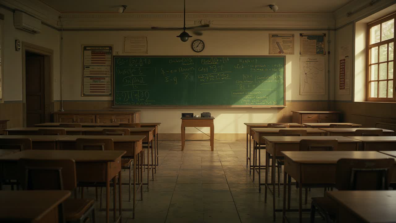 Sunlight streaming through school classroom windows illuminating teacher's desk beneath chalkboard
