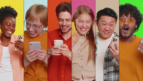 collage de personas sonrientes felices hombres mujeres usan teléfonos móviles celebrando ganar buenas noticias jugar un juego
