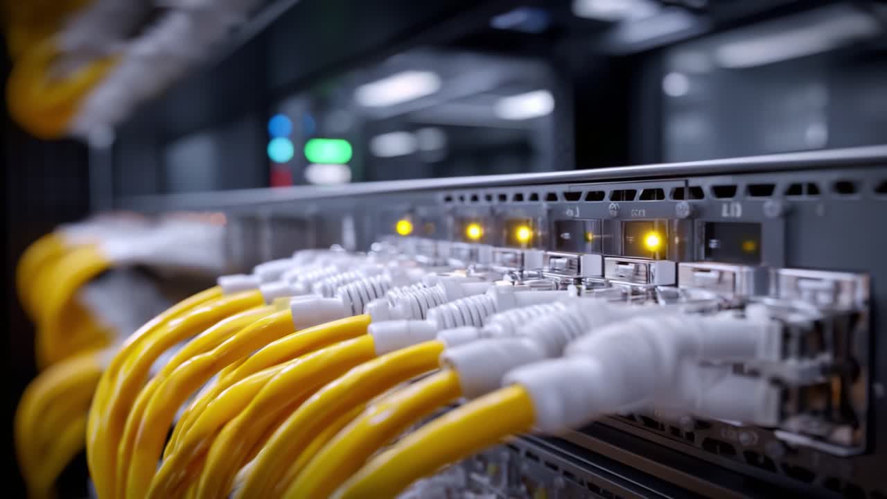 High-tech Network Hub Featuring Bright Yellow Ethernet Cables for Data Connectivity and Efficient Communication in Modern Telecommunications Infrastructure