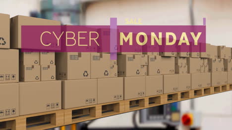 animación del texto de cyber monday sobre cajas de cartón en la cinta transportadora en el almacén