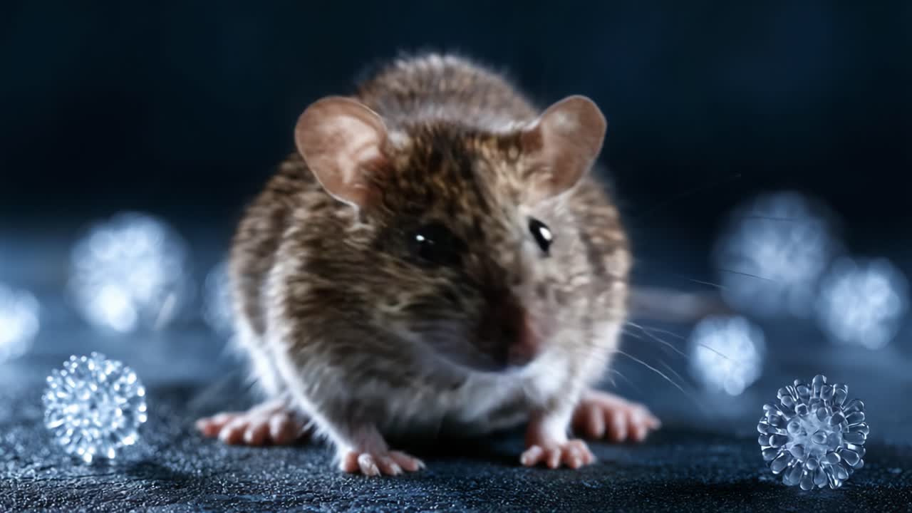 Close-up de um Rato Marrom Cercado por Esferas Brancas Decorativas em uma Superfície Escura, Capturando as Características Delicadas e a Textura de Sua Pelagem