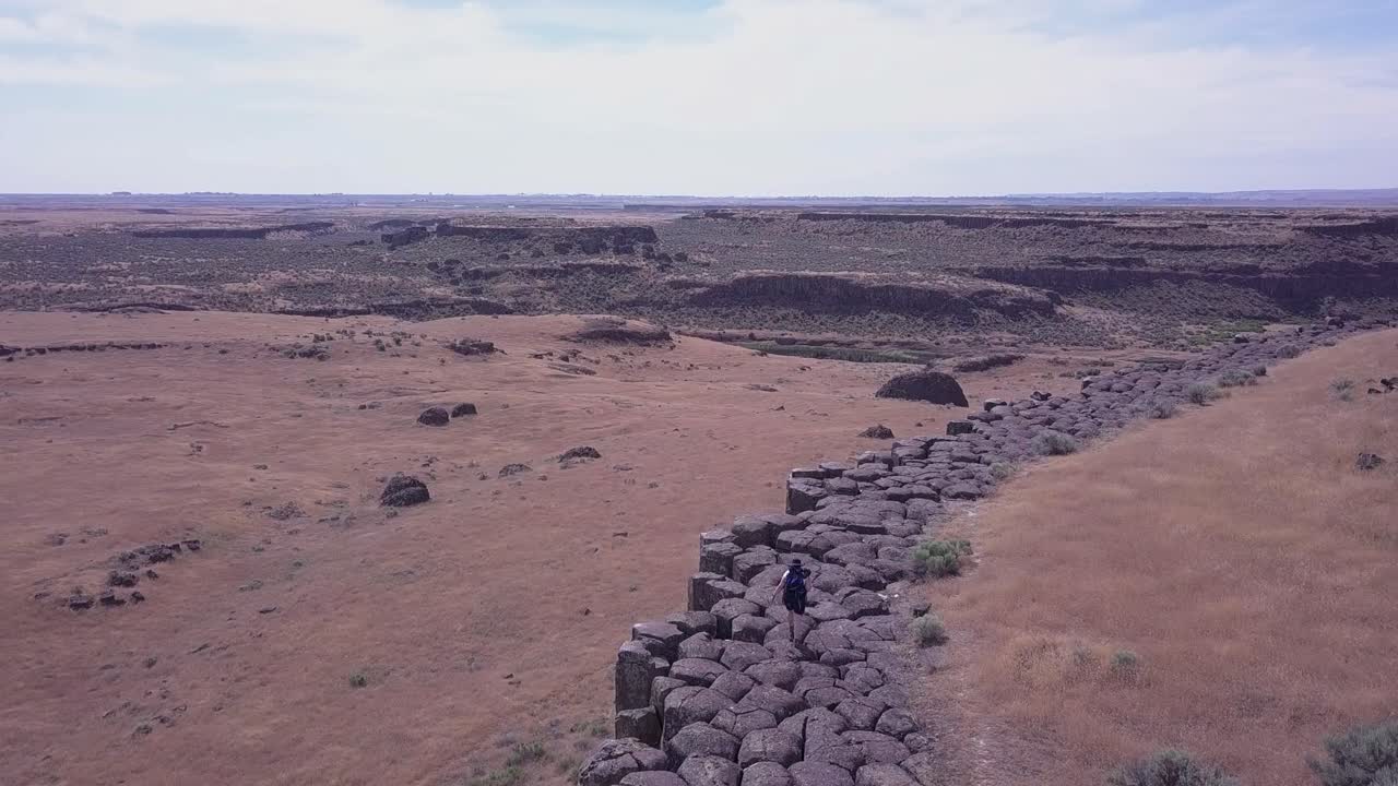 vista aérea: un excursionista camina sobre columnas de roca de basalto en las tierras escarpadas de wa