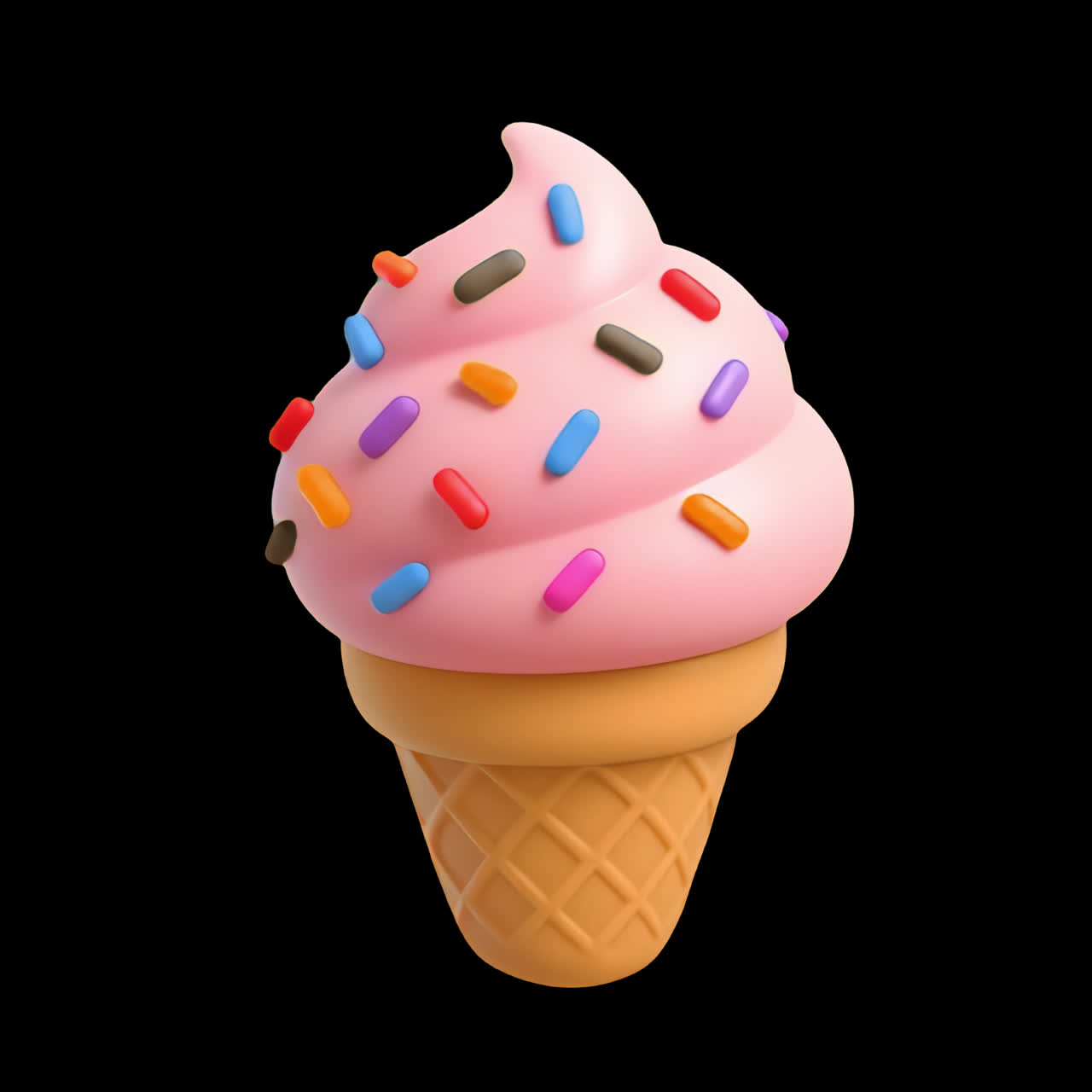 Colorful 3D ice cream cone animation isolated asset, transparent 4K video, alpha channel, ProRes