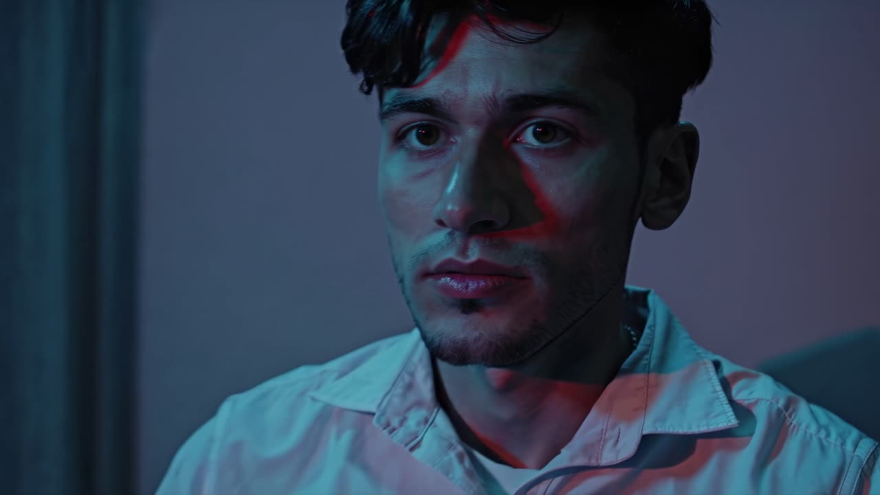 montaje de seis tomas que muestran a un joven con cabello oscuro y camisa mirando fijamente a la cámara, iluminado por una luz roja que se vuelve cada vez más intensa de arriba a la izquierda a abajo a la derecha