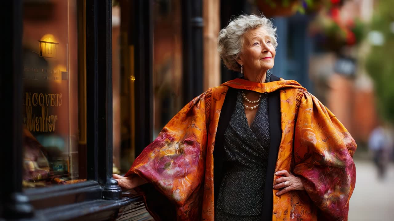 An Elegant Woman in a Vibrant Orange Cloak Stands Stylishly by a Window, Exuding Confidence and Grace while Enjoying a Moment of Reflection on a Beautiful Day