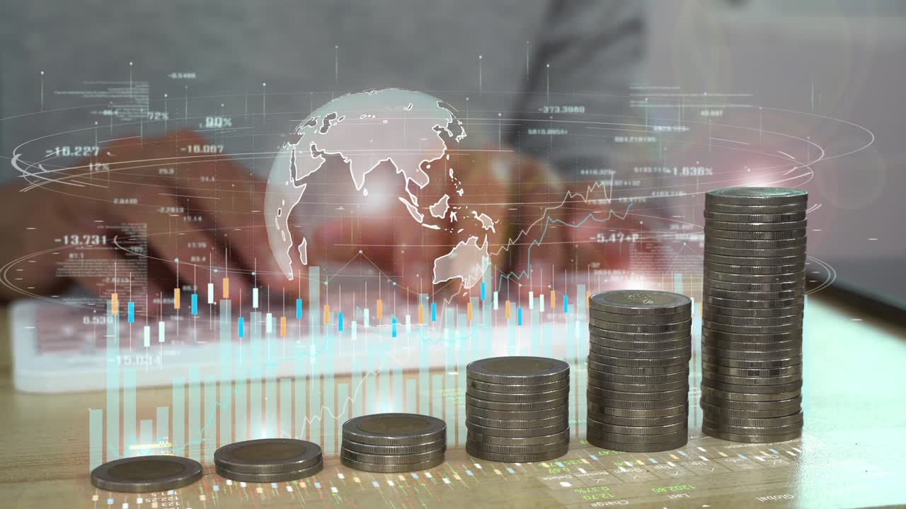 un holograma de datos de análisis de negocios. concepto de crecimiento de negocios. aumento de la pila de monedas.