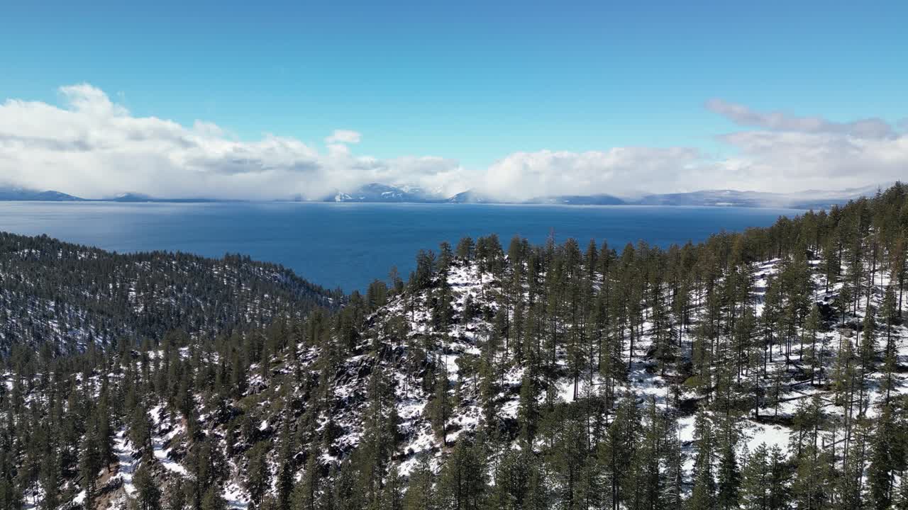 Luftfoto af Lake Tahoe blandt vinterskov