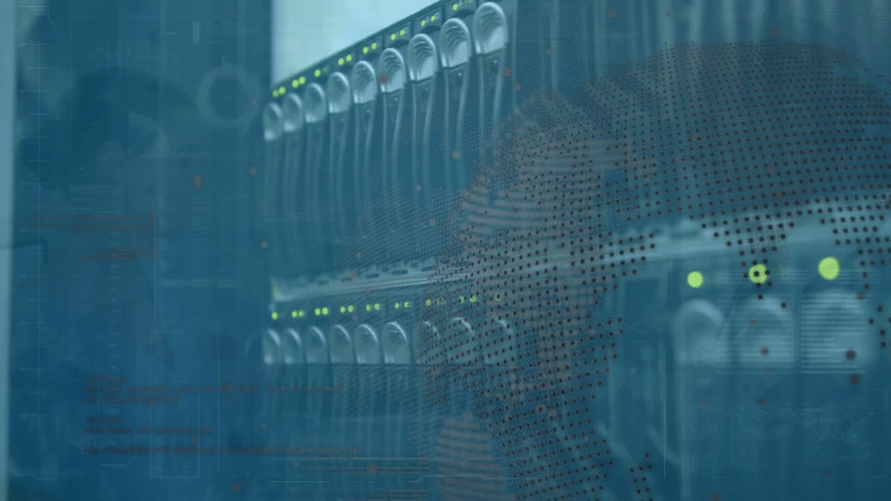 Animation of data processing and globe over server room