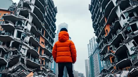 a man in an orange jacket standing in front of a building that has been destroyed