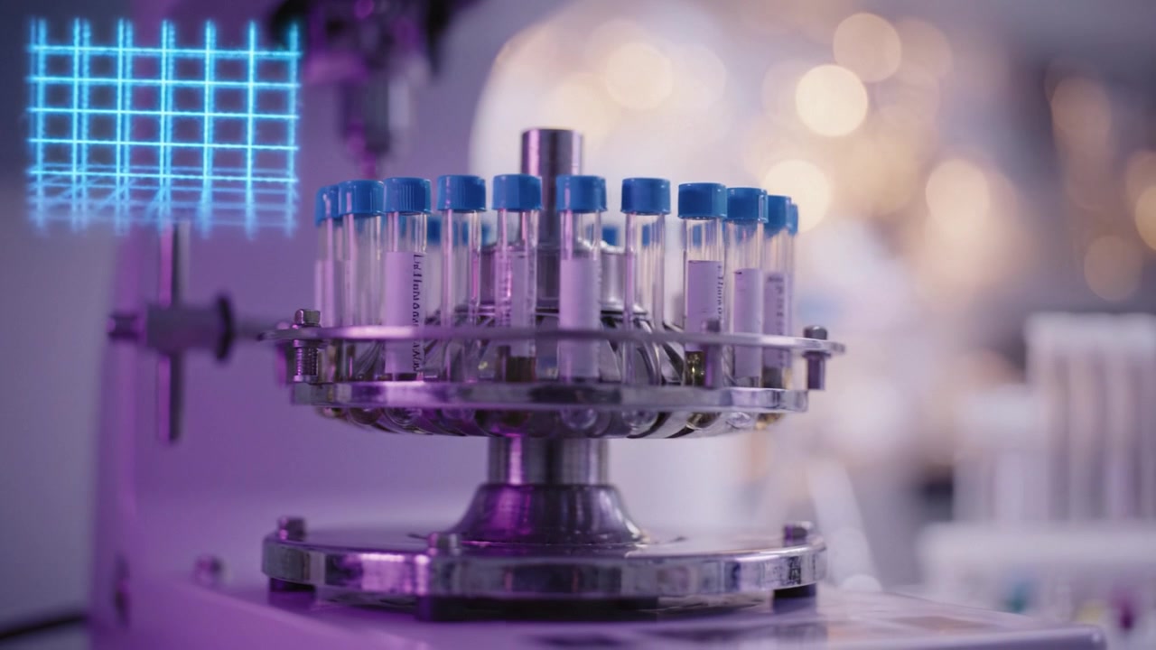 Advanced Laboratory Equipment Showcasing a Rotating Carousel with Multiple Test Tubes in a Scientific Environment with a Focus on Research and Diagnostics