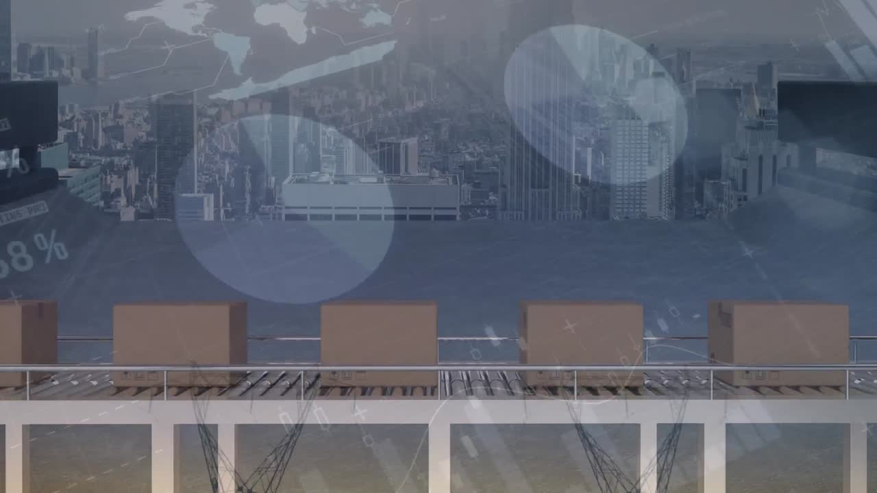 컨베이어 벨트와 도시 풍경에 있는 카드보드 상자 위의 통계 처리의 애니메이션