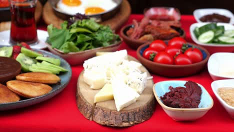 turkish breakfast spread with eggs, cheese, tomatoes, and more