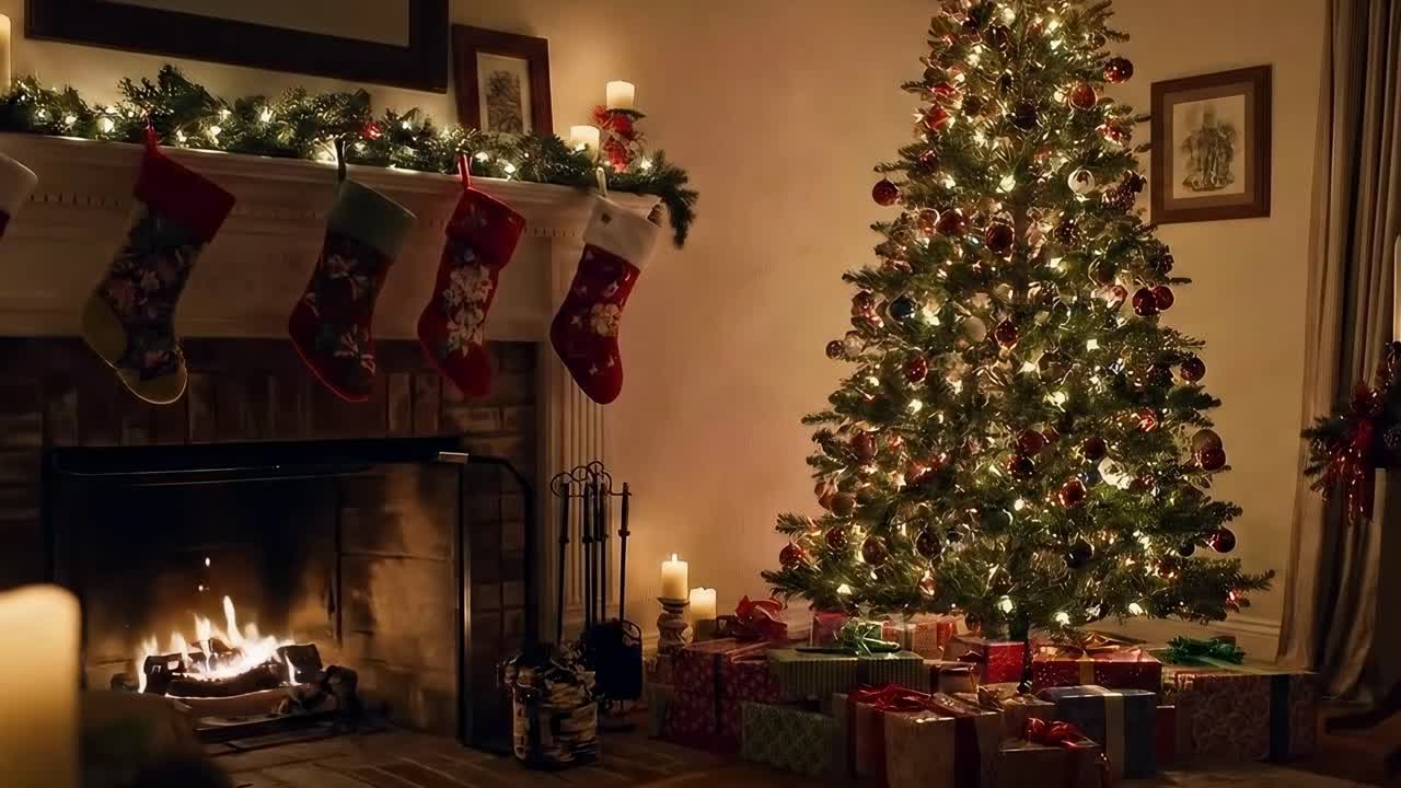 Cozy Christmas living room with a decorated tree and fireplace, shot from a low angle, perfect