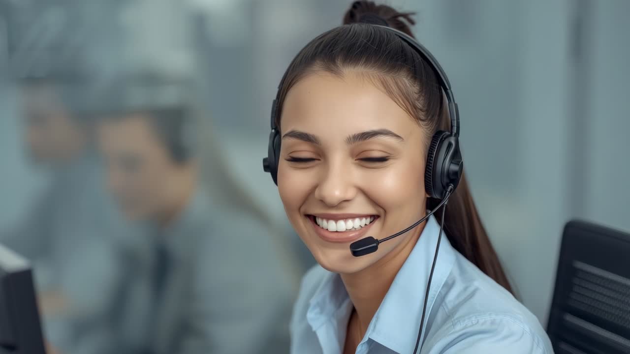 Responding to call, light blue shirted support agent smiling, speaking into headset with monitor
