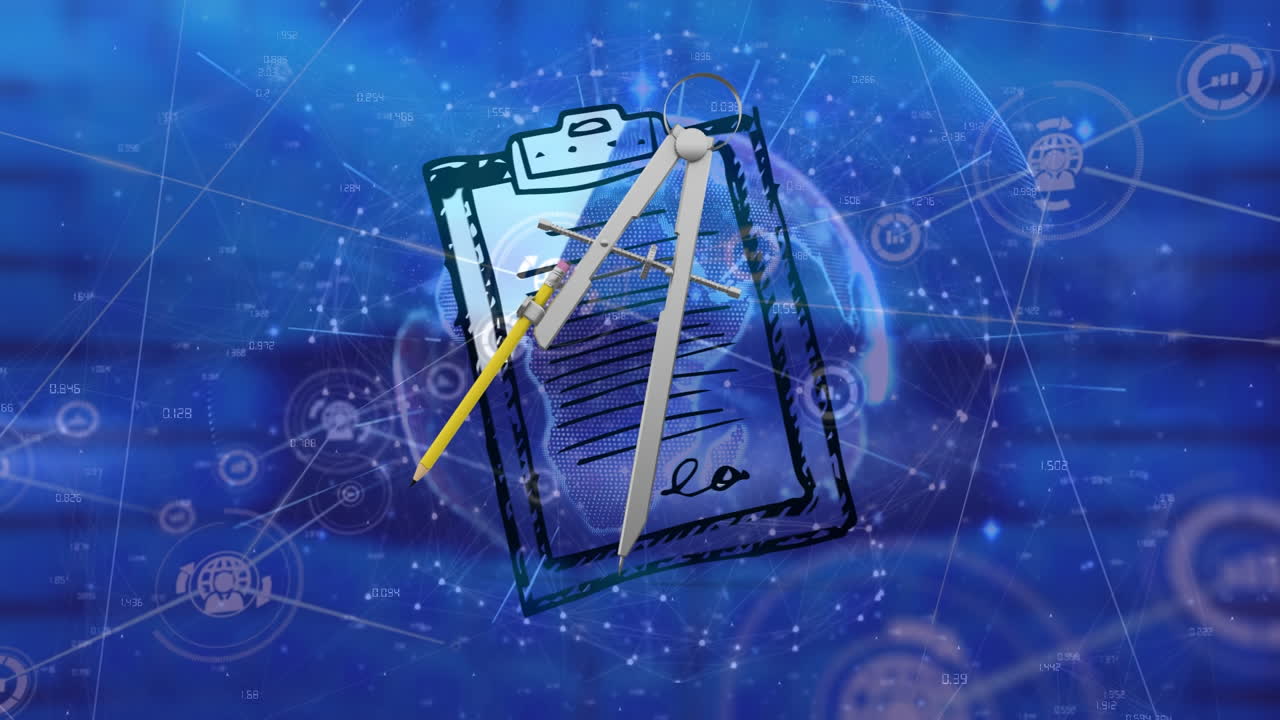 сеть соединений против буферной бумаги и протрактор на синем фоне