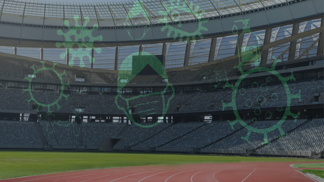 Konseptikoner for koronavirus mot et tomt idrettsstadion