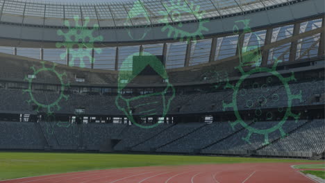 iconos del concepto de coronavirus contra un estadio deportivo vacío