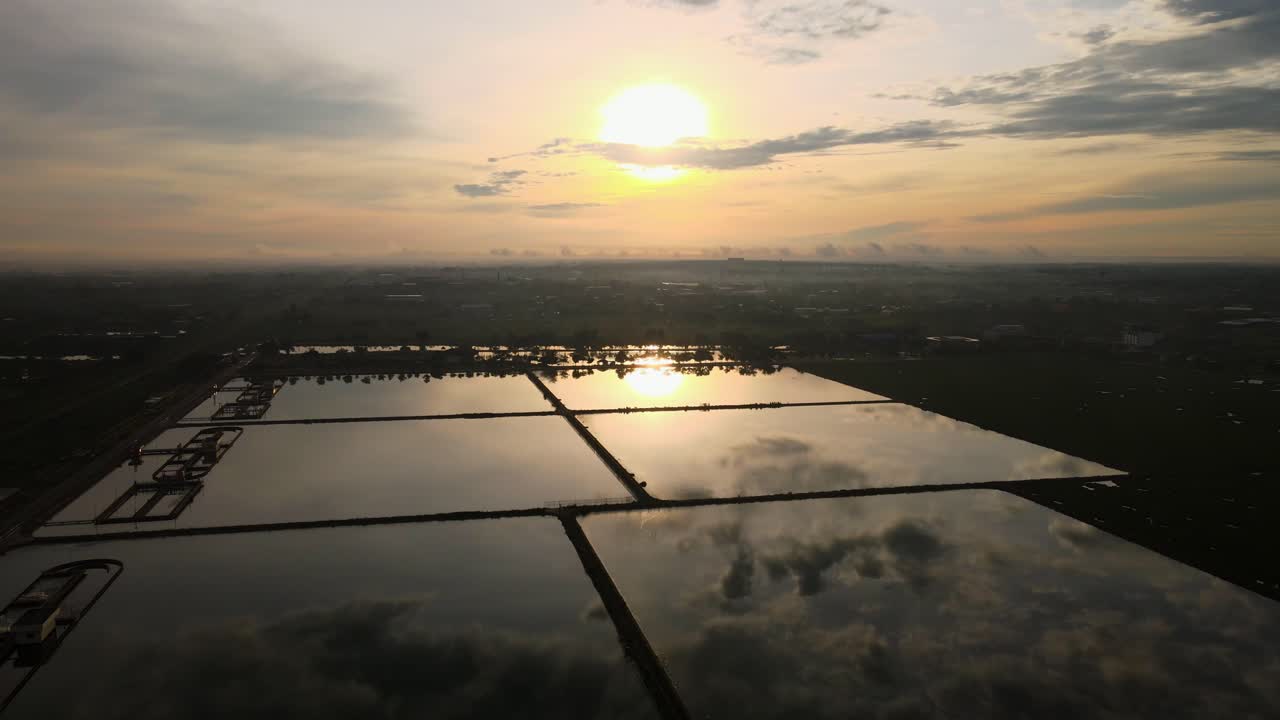 공중: 드론이 멋진 일출에서 완벽하게 반사되는 물 위를 날아다니고 아래로 패닝합니다.