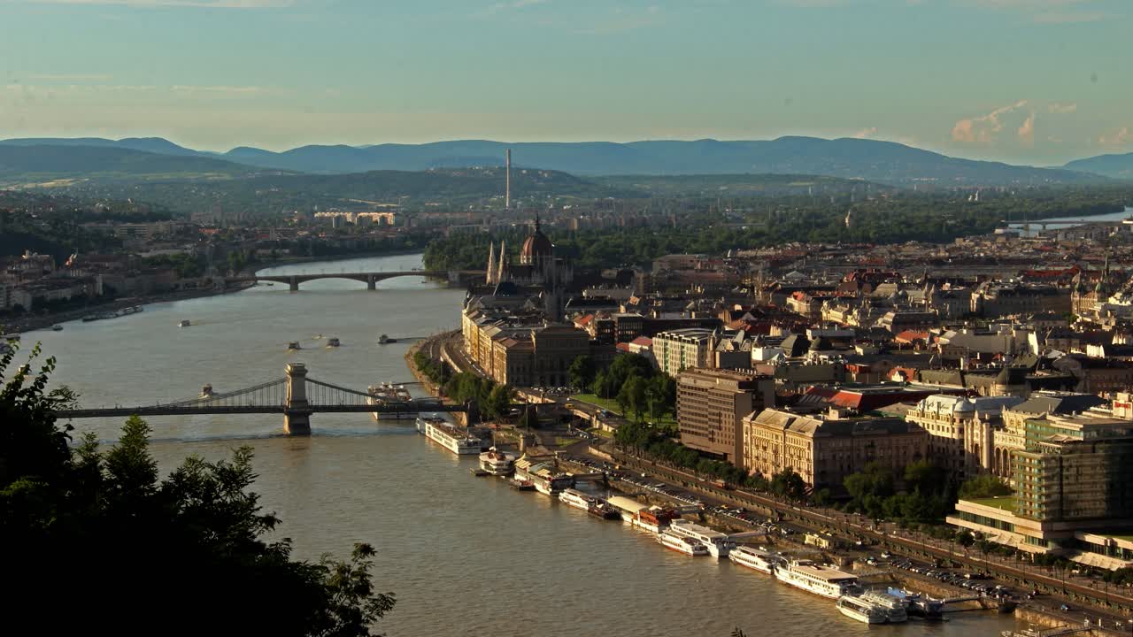 Timelapse of Budapest city traffic and Danube river traffic on a sunny day