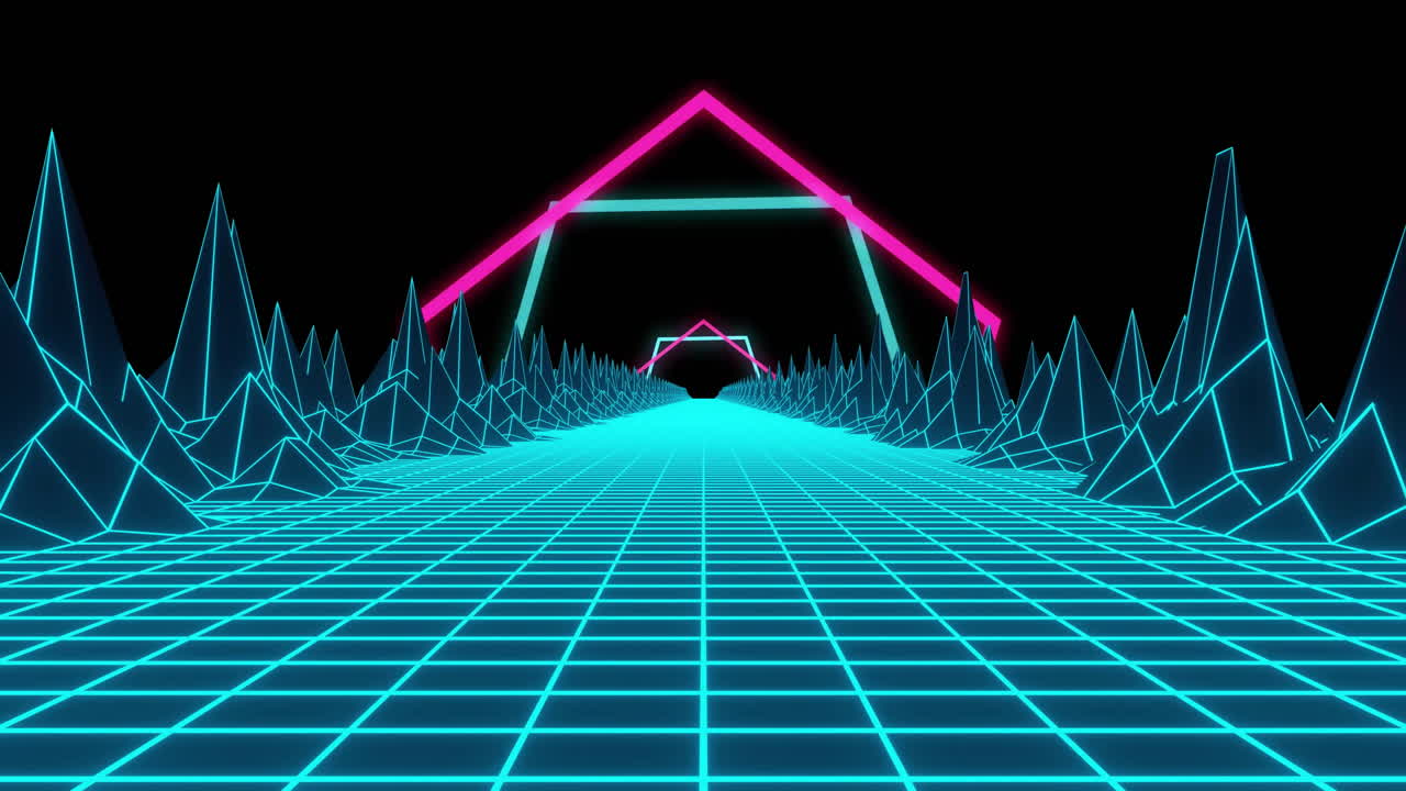 Neon grid landscape with glowing geometric shapes, retro-futuristic animation
