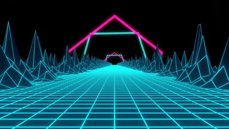 paisaje de cuadrícula de neón con formas geométricas brillantes, animación retro-futurista