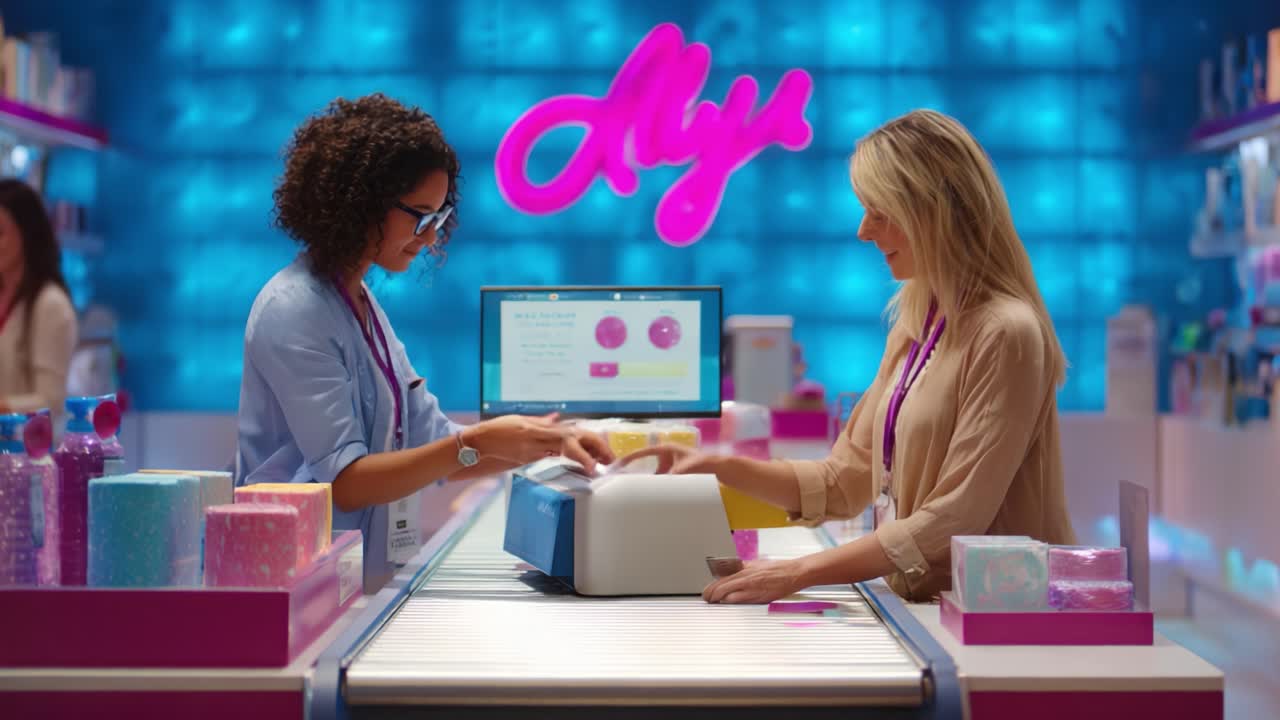 Two Women Engaged in Register Checkout Process in a Vibrantly Colored Cosmetic Store with Prominent Branding and a Modern Digital Interface Displaying Product Options