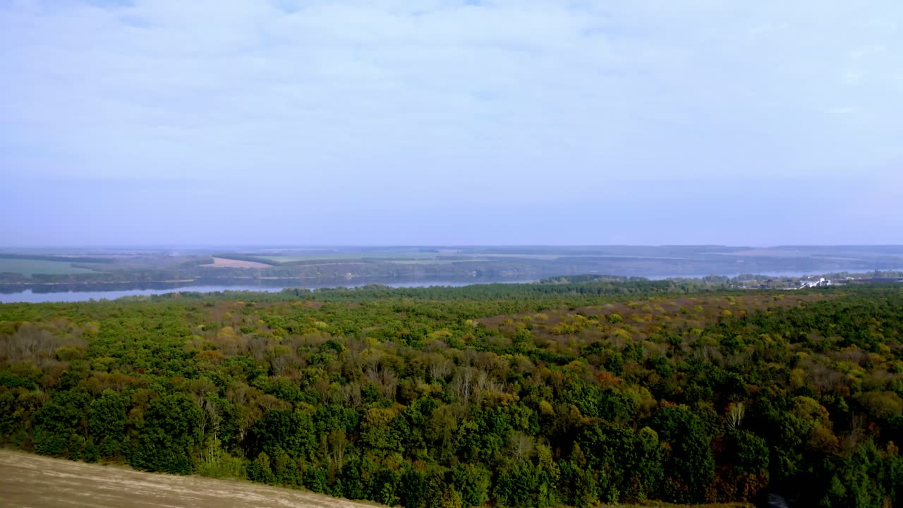 Edge of the forest. Deciduous wood on natural river and fields background. Amazing scenery in the countryside. Peaceful atmosphere of nature.