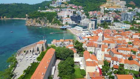 Old-Town-Budva,-Adriatic-Summer-Vibes,-Aerial-Pano,-Montenegro